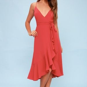 Lulu's Manhattan Moment Berry Pink Ruffled Midi Wrap Dress